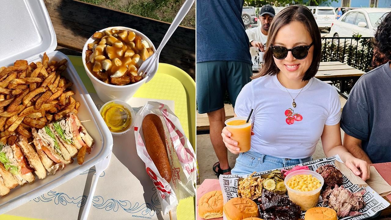 default-232 Left, closeup on a tray of food on an outdoor table: club sandwich, fries, corn dog and poutine. Right: a woman smiling at a picnic table with a tray of bbq food in front of her.