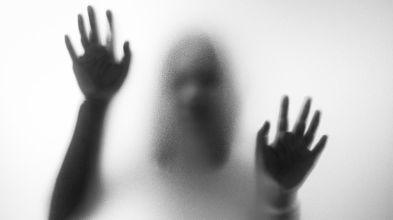 default-438 Blurry hands and body figure abstraction that looks like a ghost standing behind a glass pane with with her hands on it